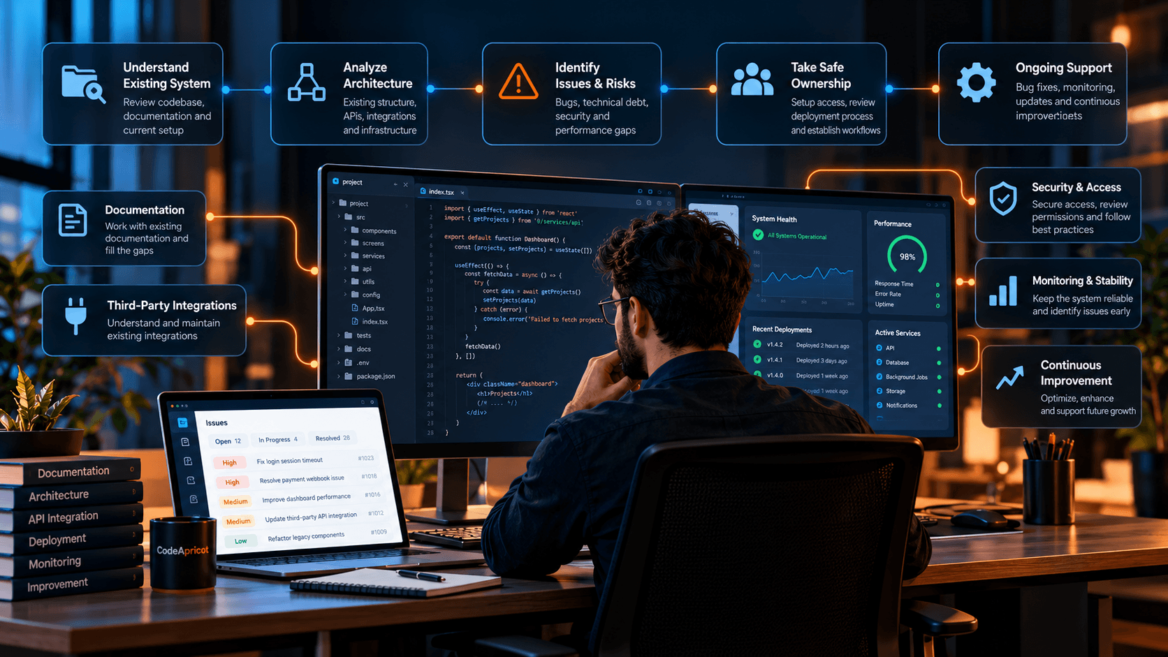 Developer reviewing an existing software system, architecture, integrations, security, monitoring, and ongoing improvements