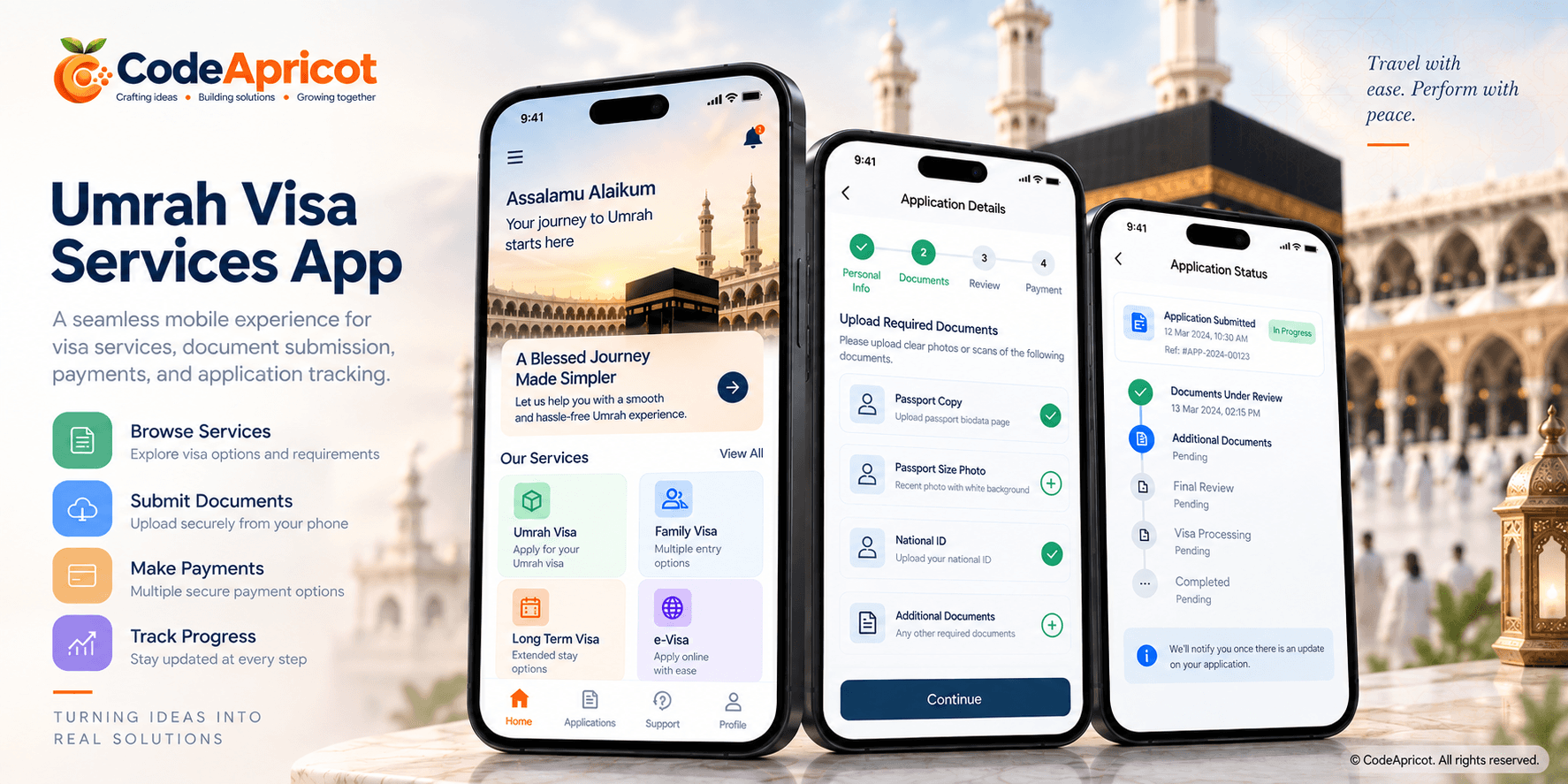 Umrah Visa Services App showing mobile screens for visa services, document submission, payments, and application tracking